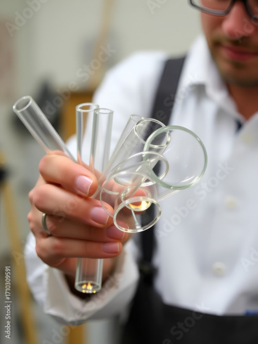 Glassblower holds clear hollow glass tubes preparing them for custom scientific glasswork creation.
