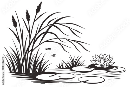 Black and white illustration of a serene pond with cattails and water lilies