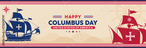 Happy Columbus Day background template with ship, waves, ship's wheel, and colored stripes of the American flag. Best for background, banner, poster, marketing, advertising, and etc.