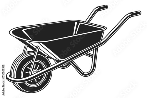 Black and white illustration of a garden wheelbarrow on a white background