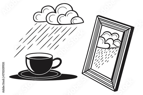 Cozy rainy day scene with coffee and window view