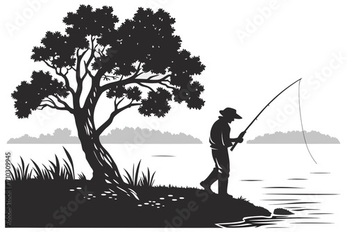 Silhouette of a fisherman casting his line by a tree and lake