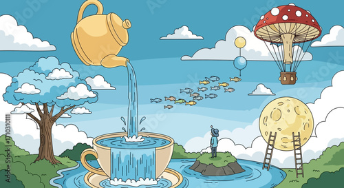 Surreal landscape with teapot pouring into teacup.