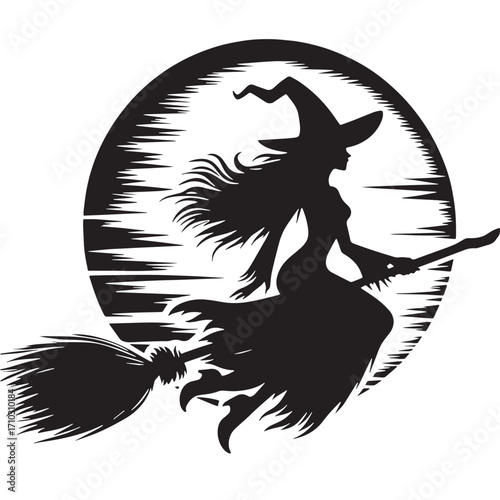 Black Witch on Broom Silhouette Vector Illustration design, Solid White Background