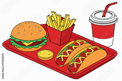 Fast food meal on a red tray with burger fries hot dogs and soda