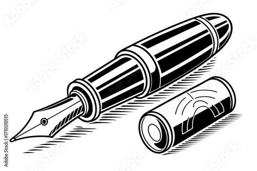 Classic fountain pen and cap in black and white illustration