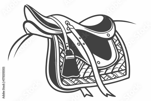 Stylized black and white illustration of a western horse saddle