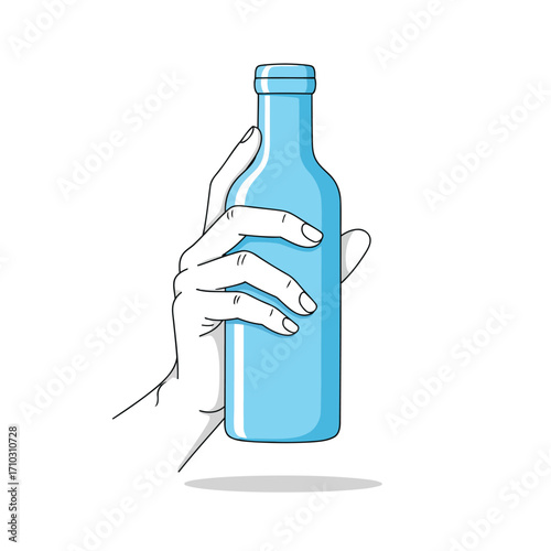 A hand holding a light blue glass bottle with a white background.