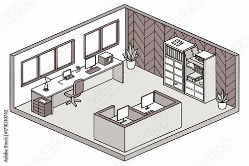 Isometric illustration of a modern office interior with workstations and reception desk