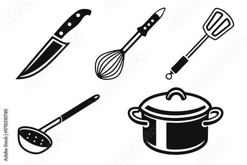 Collection of black and white kitchen utensil icons