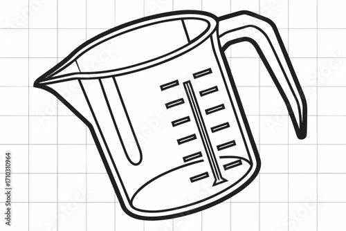 Black and white illustration of a measuring cup with markings