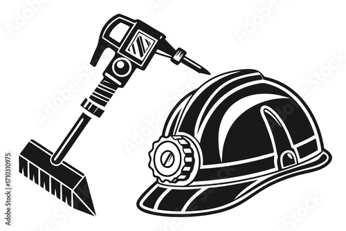 Black and white illustration of a mining helmet and jackhammer