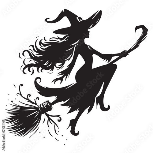 Black Witch on Broom Silhouette Vector Illustration design, Solid White Background