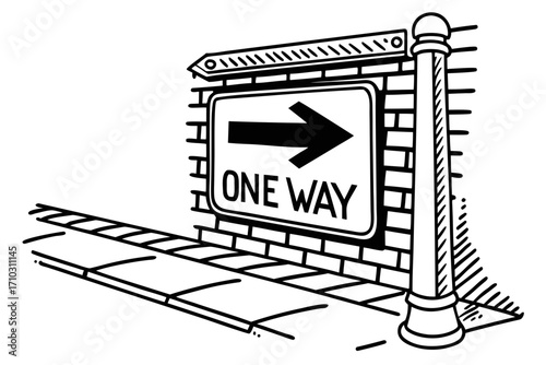 Black and white illustration of a one way street sign on a brick wall