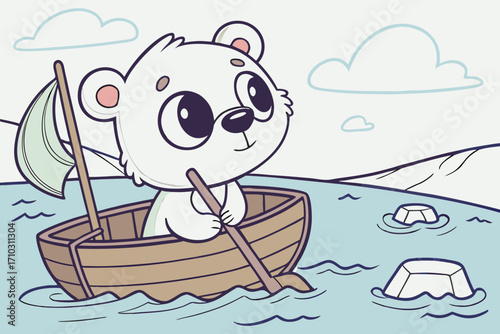Cute cartoon polar bear sailing in a boat on the ocean