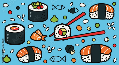 Vibrant cartoon illustration of various Japanese sushi types.