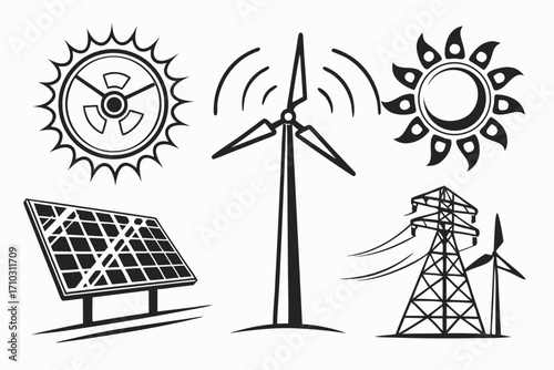 Set of renewable energy icons including sun solar panel wind turbine and power line
