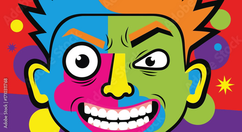 Vibrant pop art illustration of a mans expressive face.