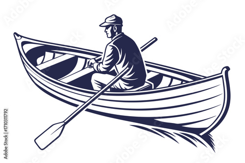 Man rowing a boat with oars on a white background
