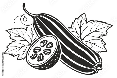 Black and white illustration of a whole cucumber and a sliced cucumber with leaves