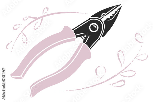 Illustration of pliers with decorative floral elements