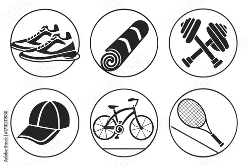 Collection of sports and fitness icons in circles