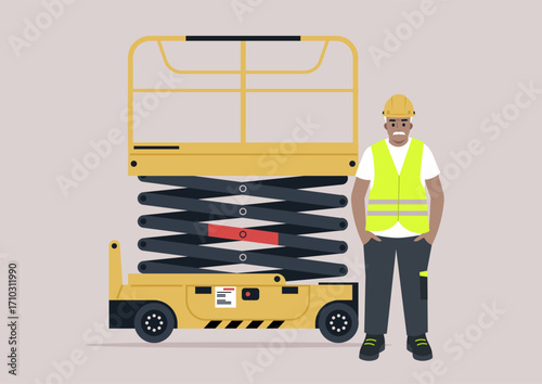 A dedicated warehouse lifter worker in a safety vest and hard hat poses next to a scissor lift, The scene highlights professionalism and safety in an active industrial environment.