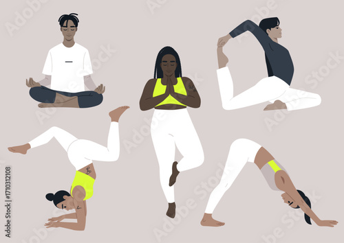 A collection of five distinct yoga poses showcases different practitioners in a tranquil setting, Each pose emphasizes balance, strength, and inner peace, inviting viewers to join the journey