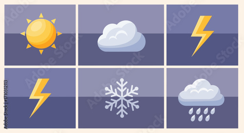 Weather Icons Set - Sun, Cloud, Lightning, Snowflake, Rain Cloud.