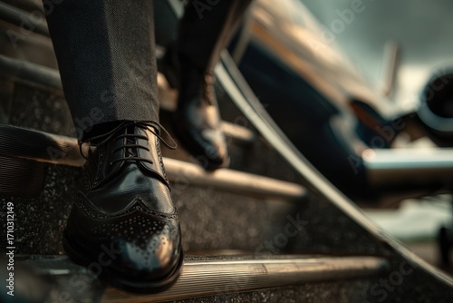Black Leather Brogue Oxfords On Metal Steps Near Private Jet