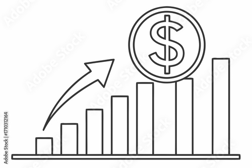 Dollar coin on rising bar graph with upward arrow illustration
