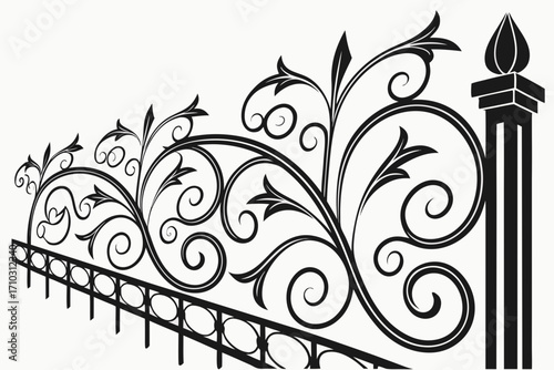 Elegant black wrought iron fence with ornate scrollwork and finial