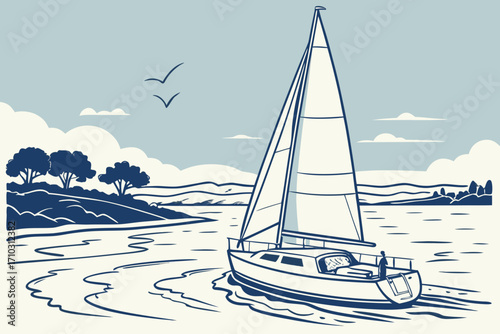 Sailboat sailing on the water near a tree lined shore