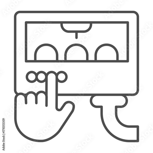 Pastry oven with buttons and hand index finger thin line icon, manufacture concept, bakery factory sign on white background, outline style icon for mobile and web design. Vector graphics.