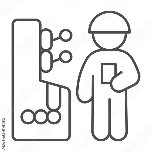Man, worker at control panel with levers thin line icon, manufacturing concept, factory operator sign on white background, outline style icon for mobile and web design. Vector graphics.