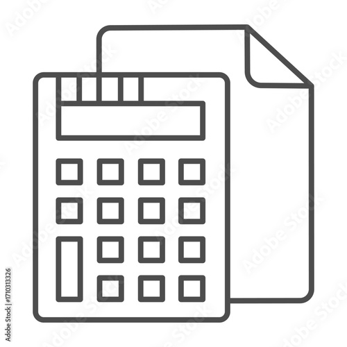 Calculator and sheet of paper thin line icon, bookkeeping, cost calculation concept, data estimation sign on white background, outline style icon for mobile and web design. Vector graphics.
