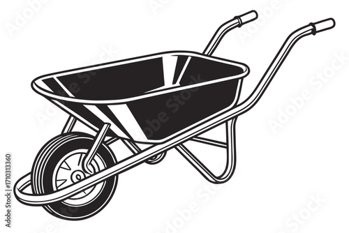 Black and white illustration of a garden wheelbarrow