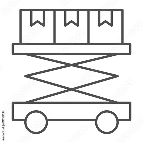 Lifting trolley and boxes thin line icon, manufacture technology concept, hydraulic scissors elevator sign on white background, outline style icon for mobile and web design. Vector graphics.