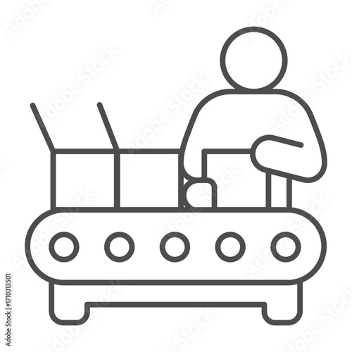 Man working at conveyor with boxes thin line icon, manufacturing concept, factory worker packaging sign on white background, outline style icon for mobile and web design. Vector graphics.