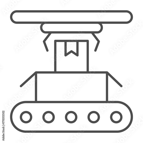 Conveyor with boxes, goods, robotic arm thin line icon, manufacturing concept, packaging with robot claw sign on white background, outline style icon for mobile and web design. Vector graphics.