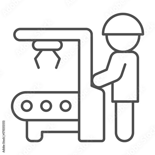 Man at conveyor control panel with robotic arm thin line icon, manufacturing concept, worker, robot claw sign on white background, outline style icon for mobile and web design. Vector graphics.