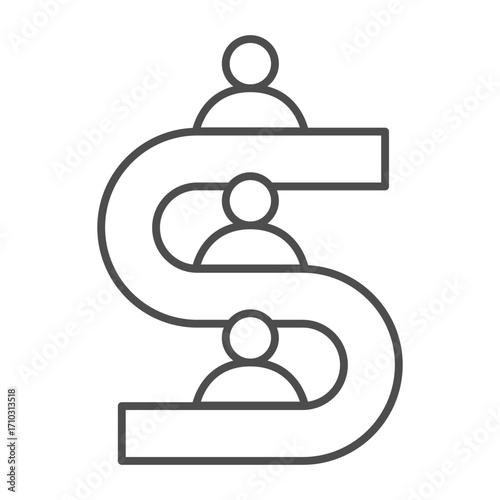 Sorting conveyor with people thin line icon, manufacturing team work concept, plant industry workers sign on white background, outline style icon for mobile and web design. Vector graphics.