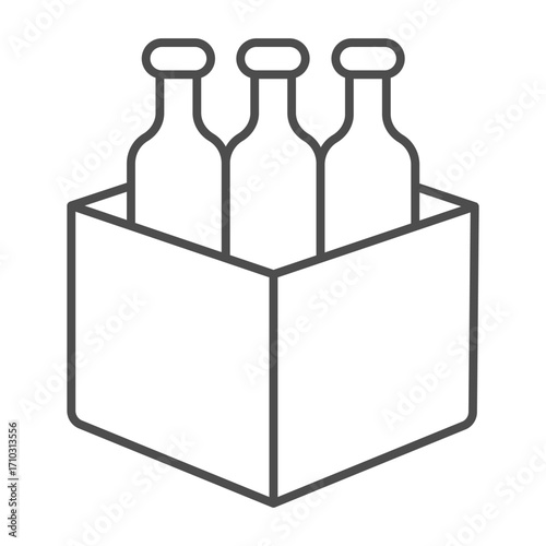 Cardboard box with bottles thin line icon, manufacturing liquid production concept, beverage packaging sign on white background, outline style icon for mobile and web design. Vector graphics.