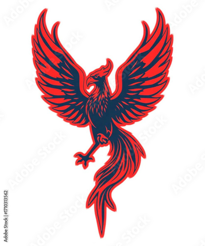 Phoenix Rising: A stylized graphic illustration of a majestic phoenix bird with outstretched wings in a captivating display of artistry and mythical symbolism. 