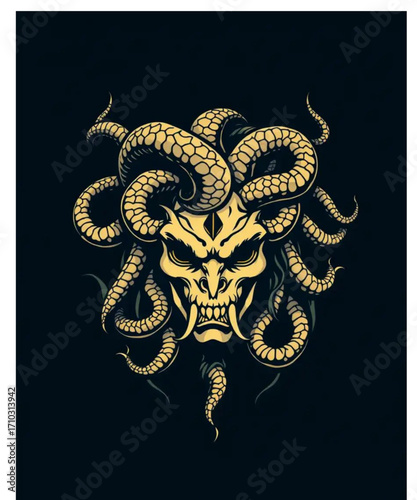 Demonic skull illustration: A formidable skull, entwined by serpentine tendrils, evokes a sense of mystic dread, and drawing on a dark, evocative style with a palette of ominous colors.