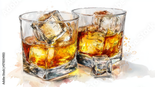 vector illustration of two glasses of whiskye, watercolor painting.