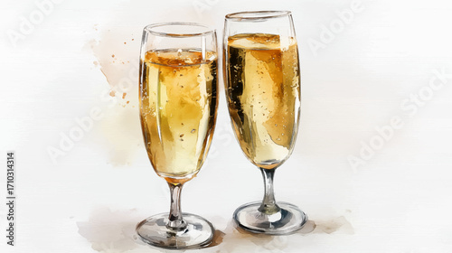 vector illustration of two glasses of prosecco, watercolor painting.
