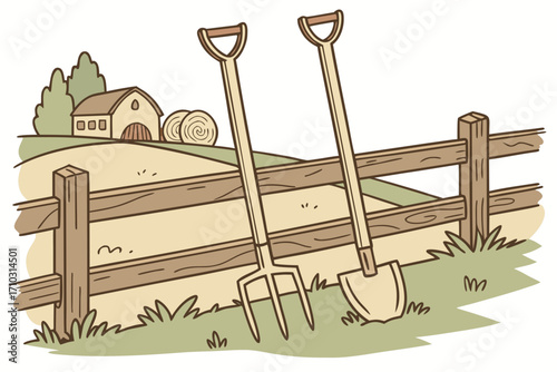 Farm scene with pitchfork and shovel leaning against a wooden fence