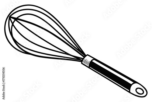 Black and white illustration of a kitchen whisk on a white background