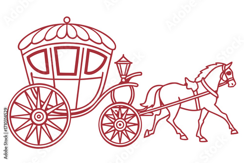 Elegant horse drawn carriage outline on white background
